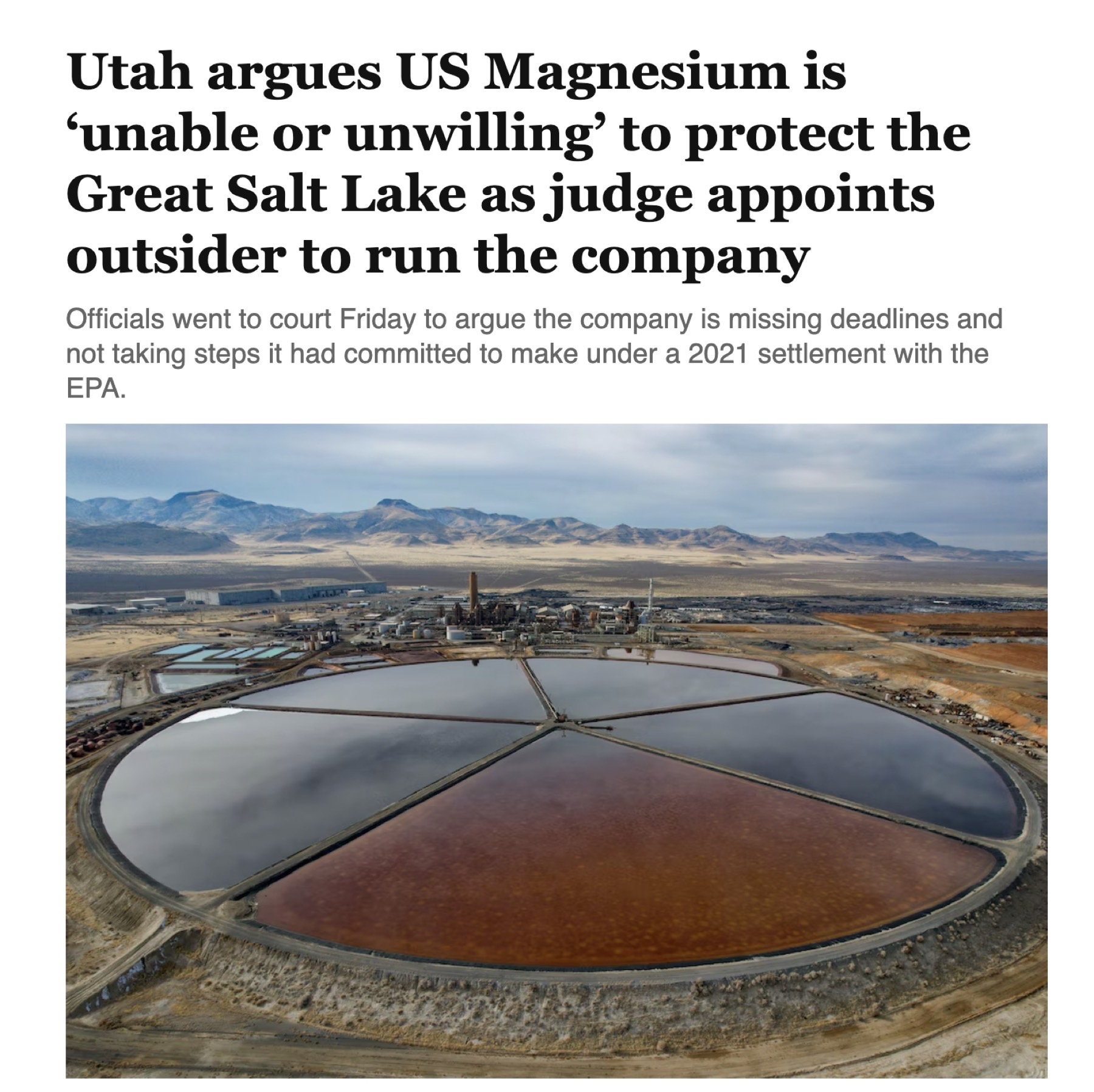 FRIENDS of Great Salt Lake - Officials Appoint an Outsider to Run US Magnesium Facility