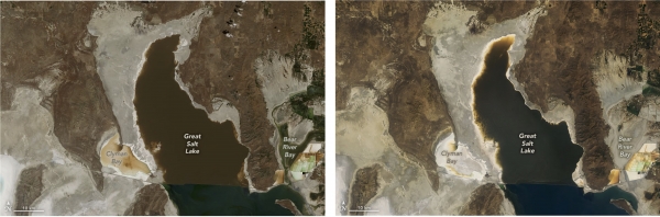  The Operational Land Imager (OLI) on Landsat 8 acquired images of the north end of the Great Salt Lake on July 29, 2017 [left], and July 24, 2021 [right].